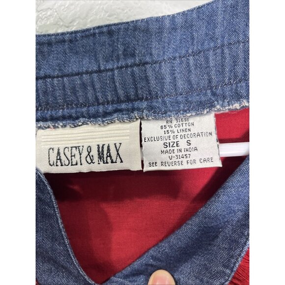 Casey and Max Top Womens S Red Tunic Linen Denim Frayed Trim V Neck Boho Western - Picture 2 of 5